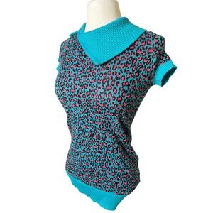 Y2K Neon Leopard Print Knit‎ Top Turquoise Pink Black Short Sleeve 2000s